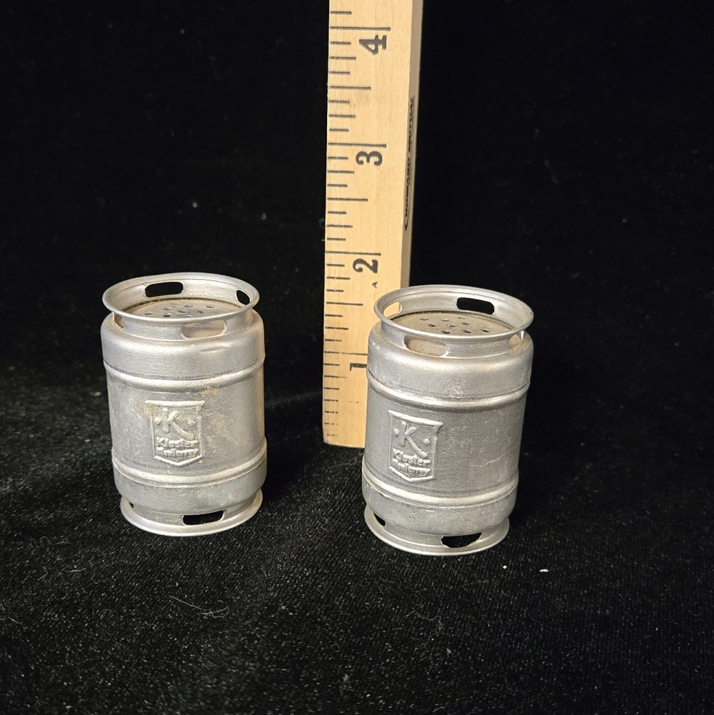 Kromex Mini Barrel Salt & Pepper Shakers Aluminum Vintage Barware Set